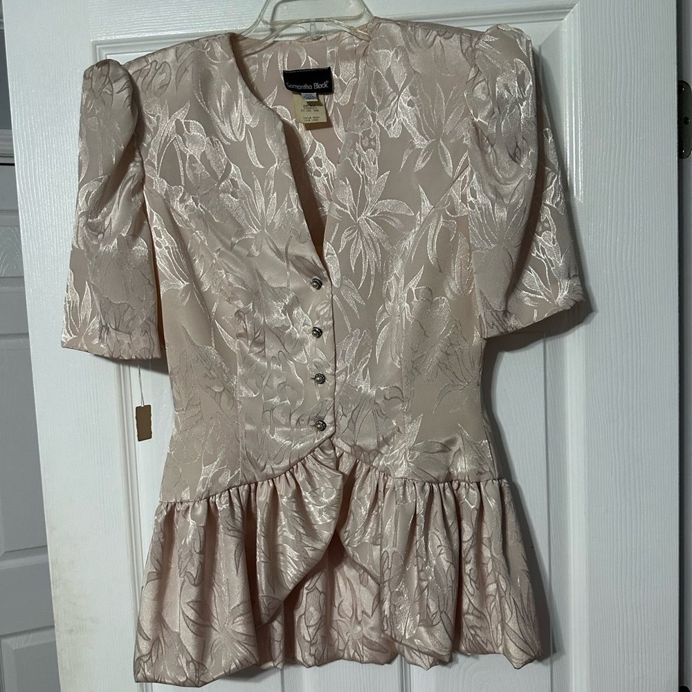 NWT Samantha Black Vintage Peplum Blouse with Puff Sleeves and Mandarin Collar
